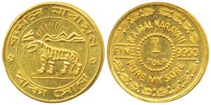 Tola coinage, Gold Tola, 11.66g, obv. Kamal Narayan, a tiger with a rising sun over the mo