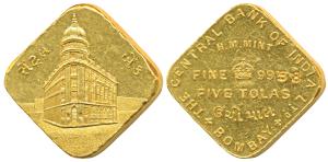 Central Bank of India, Gold 5 Tola, 58.28g, Bombay Mint, obv. Facade of the iconic Central