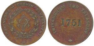 Travancore Cochin Government, Copper Token, conch shell within wreath in center, rev. No. 