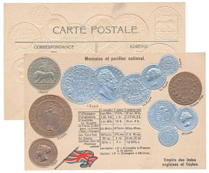 Embossed Postcard with impression of British India & British Ceylon coins. Printed in the 