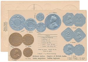 Embossed Postcard with impression of British India coins. Printed in the 1910’s in Germany