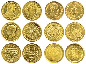 Miniature coin replicas of Rare World Coins, Gold (6), total weight 1.43g, all different. 