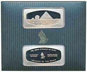 Silver Ingot, 25.75g, Sphinx and the great Pyramids of Egypt in the background. Mint State