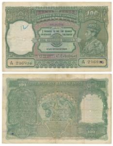 George VI, Rupees 100, 1938, Calcutta, signed C. D. Deshmukh (J&R 4.7.2B). Very Fine+, Sca