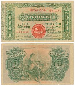 Indo-Portuguese, Oito (Eight) Tangas, 2nd issue, 1917, Banco Nacional Ultramarino, red col