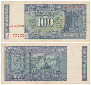 Rupees 100, Specimen, 1969, signed L. K. Jha, Mahatma Gandhi seated on rev. (J&R 6.7.6.1).