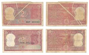 Rupees 2 (2), signed Manmohan Singh and R. N. Malhotra, Error, with three fold lines witho