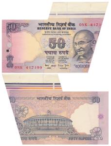 Rupees 50, signed Bimal Jalan, Error, margin with extra paper on top right corner and an u