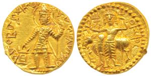 Kushanas, Vasudeva (c. 192-225 AD), Gold Dinar, 7.97g, obv. king nimbate standing left, ho