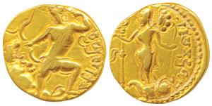 Samudragupta (c. 335-380 AD), Gold Dinar, 7.5g, Tiger-Slayer type, obv. king crowned, wear