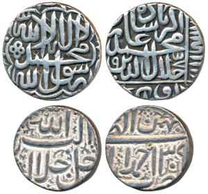 Akbar, Silver Rupee (2), 11.33g, Agra Mint, Kalima type, AH 984; Ahmedabad Mint, Ilahi typ