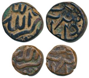 Akbar, Copper Trambiyo and ½, 6.43g and 3.06g, Delwara Mint, Gujarat Standard. Very Fine+,
