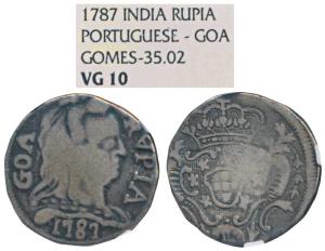 Goa, Maria I (1788-1799 AD), Silver Rupia, obv. diademed head to right, with date 1787 AD 