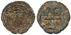 Diu, Zinc 20 Bazarucos, 16.5g, 1828, obv. crowned arms, rev. date within cross (KM 58). Ve