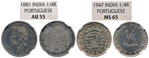 Luis I (Ludwig), Silver ¼ Rupia, 1881; Cupro-Nickel ¼ Rupee, 1947. Graded by NGC AU55 & MS