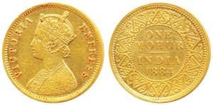 Victoria Empress, Gold Mohur, 11.67g, 1884, V in Jabot (Prid 20). Extremely Fine, Very Rar