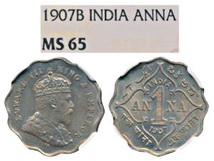 Edward VII, Cupro-Nickel Anna, 1907, Bombay Mint, B incuse, (Prid 926). Graded by NGC MS65