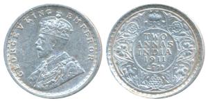 George V, Silver 2 Annas, 1911, Calcutta Mint, (KM 564). Very Fine+, Rare.