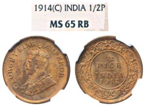 George V, Copper ½ Pice, 1914, Calcutta Mint. Graded by NGC MS65 RB, Rare.