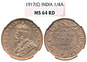 George V, Copper ¼ Anna, 1917, Calcutta Mint (KM 512). Graded by NGC MS64 RD, Rare.