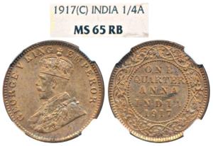 George V, Copper ¼ Anna, 1917, Calcutta Mint. Graded by NGC MS65 RB, Rare.