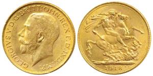 George V, Gold Sovereign, 8g, Bombay Mint, 1918, ‘I’ for India mint mark on rev. (KM 525A)