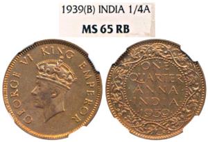 George VI, Copper ¼ Anna, 1939, Calcutta Mint. Graded by NGC MS65 RB, Rare.