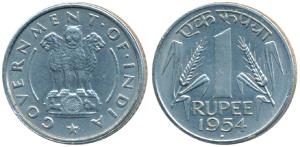 Cupro-Nickel Rupee, Bombay Mint, 1954 (KM 7.2). About Uncirculated.