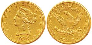 United States of America, Gold $10, 16.78g, 1906, Liberty head on obv., Motto above eagle 