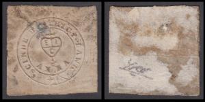 1852 Scinde Dawk ½a, white cut square, SG S1, wide margins all around with Type E large st