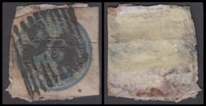 1852 Scinde Dawk ½a, blue used on small piece with "96" Cooper type 4 cancel, SG S2, horiz