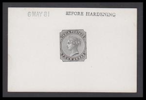 1882 Die Proof in black, QV 4a green, SG 95, on thick glazed paper, rubber stamped "BEFORE