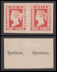 1890? Essay, 1a, vermilion pair on yellowish wove paper, with word ”Specimen” printed in b