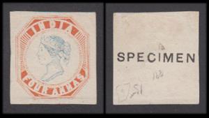 1890 Essay, 4a, blue and red with ”SPECIMEN” printed in black in large sans serif capital,