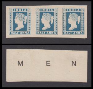 1895 Essay of the first adopted design ½a, blue strip of 3 with ”M’, "E" and "N" at the ba
