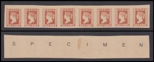 1894 Reprint of 1854, litho, 1/2a, brownish red, strip of 8 with ”SPECIMEN” printed in lar