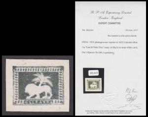 1922 reprint of 1853 Calcutta mint 1/2a "Lion & Palm Tree" essay, in black on stout white 