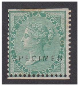 1856-64 EI QV 4a, green, SG 47, ovpt. "SPECIMEN" in black, SG 47, yellowish to white paper