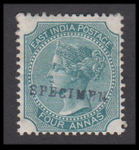 1866 EI QV 4a, blue green, SG 71, ovpt. "SPECIMEN" in black, mint, hinged, Fine, Scarce.