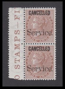 1867-73 QV Official, 1a brown marginal vertical pair, further ovpt. ”CANCELLED” in thick s