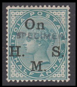 1883-99 ½a, green ovpt. ”On H.M.S.”, further ovpt. ”SPECIMEN” in sans serif caps with stop