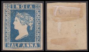 1854 ½a blue, die I, SG 2, unused without gum as issued, close to average margins, cat £20