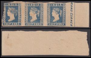 1854 ½a, blue, die I unused marginal strip of 3, position 54/56 - position 54 damaged, SG 