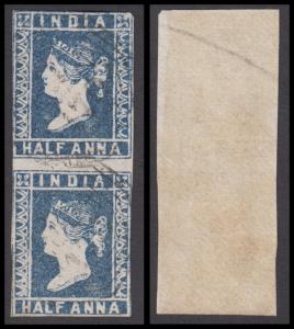1854 1/2a deep blue, vertical pair, SG 4, close cut, used, fine "B/173" Sittaung, Burma sc