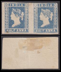 1854 1/2a blue, pair, SG 6, major retouch at top right of second stamp, close to wide marg