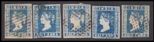 1854 Lithographs ½a blue, 5 stamps, good for study purpose, close to average margins, used