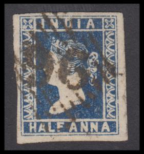 1854 ½a blue x 2, die I indigo (rare shade), close to average margins, used, Fine.