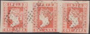 1854 1a dull red, strip of 3, SG 14, cancelled by diamonds of bar cancel, wide to close cu