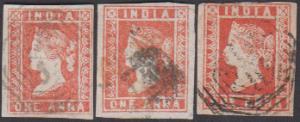 1854 1a die I, II & III, fine used copies, one with "B/5" used in Burma close to average m