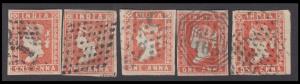 1854 1a red, 5 stamps, good for study purpose, close to average margins, used, Fine.